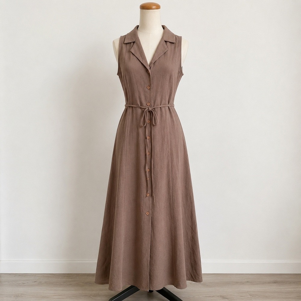 Gilli Brown Sleeveless Button Down Midi Dress Tie Waist Collar Fall Small Petite